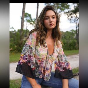 NATURAL LIFE NWT Floral Paisley Tie-Front Blouse in Black, Pink, Purple